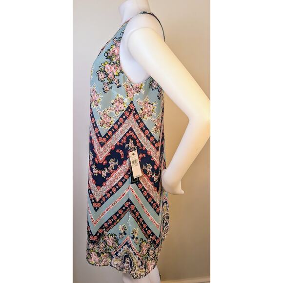 New A Byer Shift Dress Sz Large Midi Sleeveless Flowy Floral Boho Chevron Stripe - Picture 6 of 12